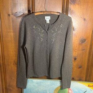 Chic Cashmere Y2K Vintage Brown Cardigan with Floral Details